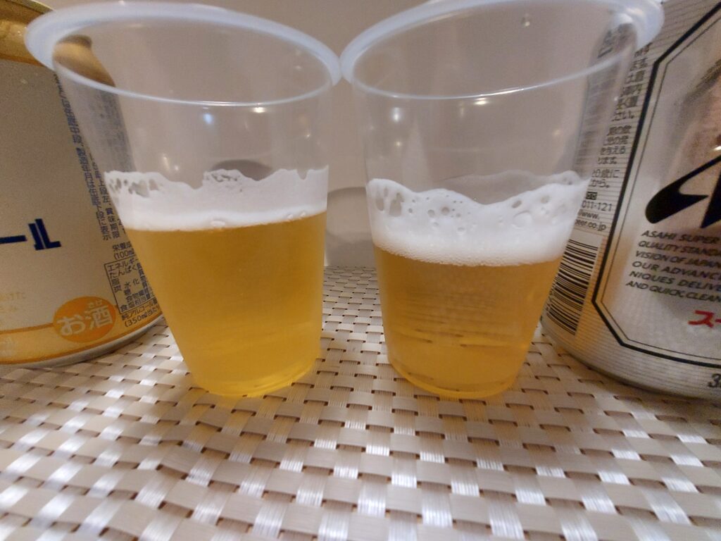 マルエフビールとスーパードライの飲み比べ見た目